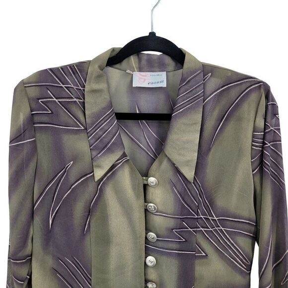 70s Blouse Artsy Disco See Through Abstract Metallic Dagger Button Sage Purple M - Picture 6 of 12